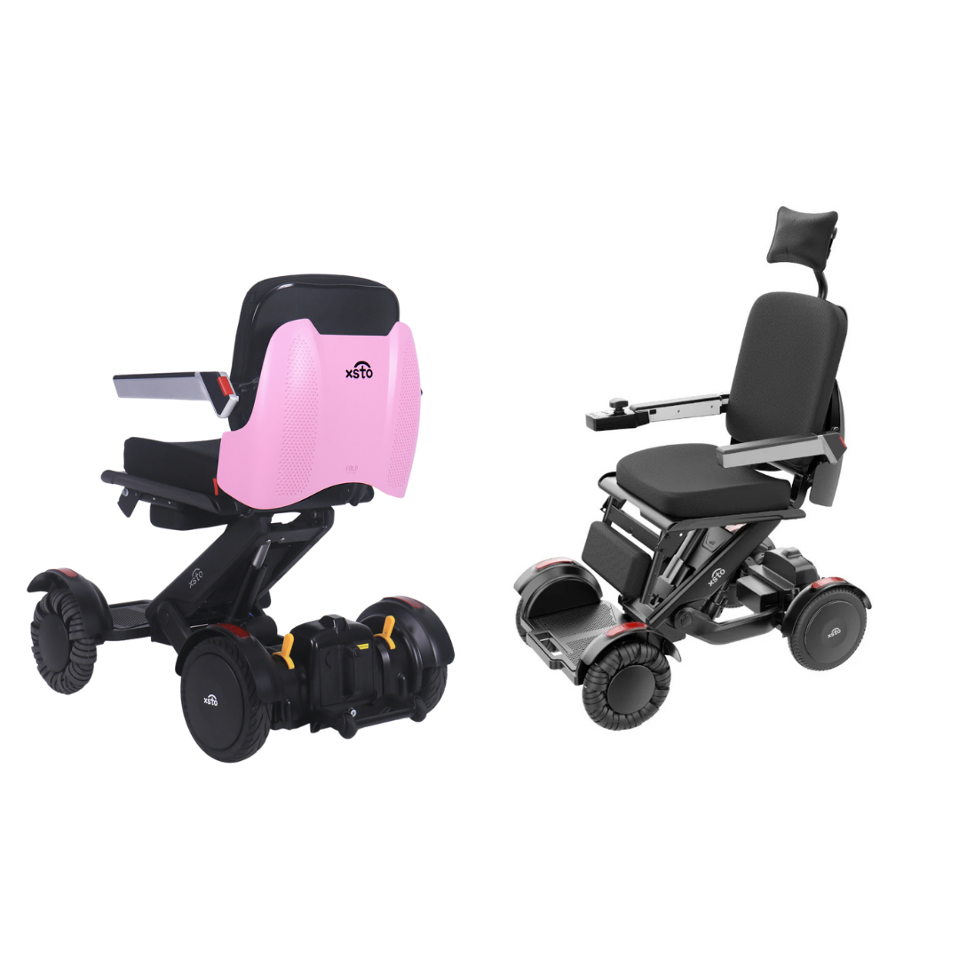 Two XSTO Mobility M4 Self-Balancing Powerchairs with APP Control are shown: one with a pink backrest viewed from behind, and the other in black with a headrest, seen from the front and side. Both feature padded seats and four wheels.